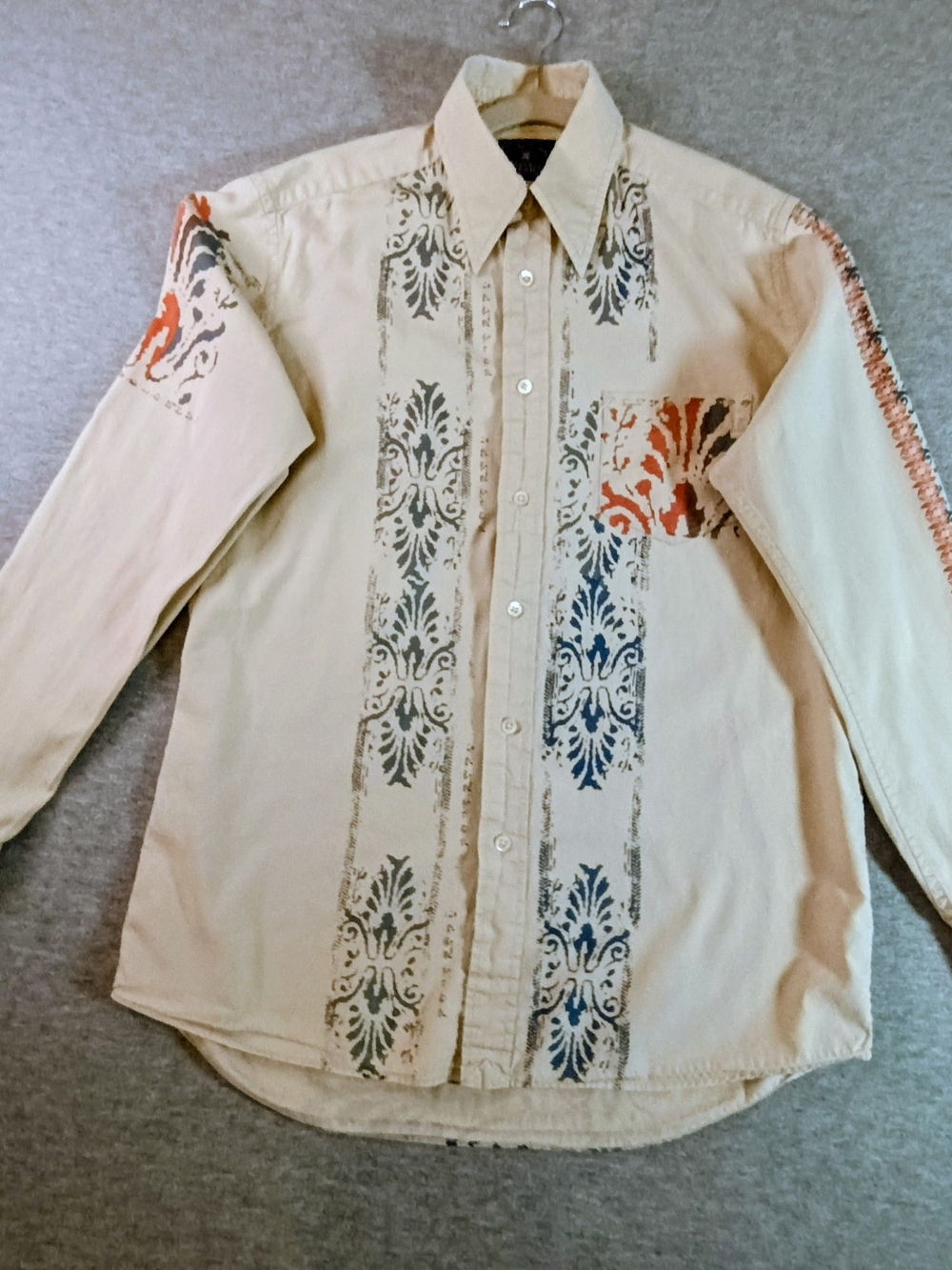 Lucky Brand Beige Button-Down Shirt with Blue and Orange Accents